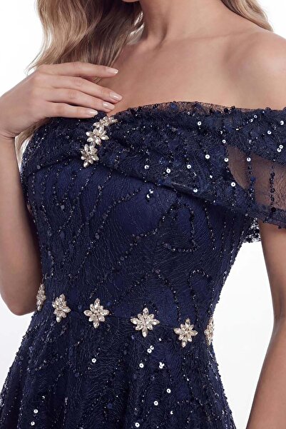 MyLoore Γυναικείο μπλε ναυτικό φόρεμα με πέτρινη λεπτομέρεια και μίντι μήκος ...