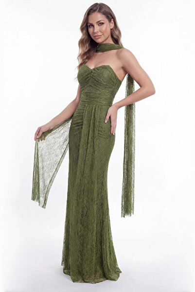 MyLoore Γυναικείο Χακί Στράπλες Δαντελένιο Μακρύ Βραδινό Φόρεμα MBL4192