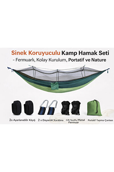 MAKAMP Sinek Korumalı Kamp Hamak Seti – Fermuarlı, Taşınabilir, Kurulumu Kola...