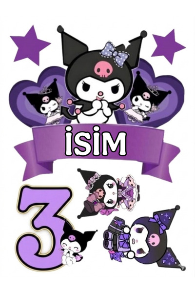 telaşe memuru İSİMLİ - 3 Yaş Kuromi Pasta Süsü - Pasta Resmi ve Pasta Baskısı...