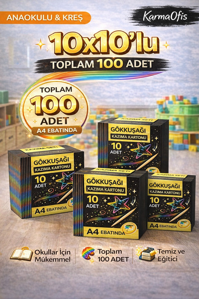 KarmaOfis 10x10’lu Gökkuşağı Kazıma Kartonu Seti 100 Adet A4 Kreş Anaokulu Et...