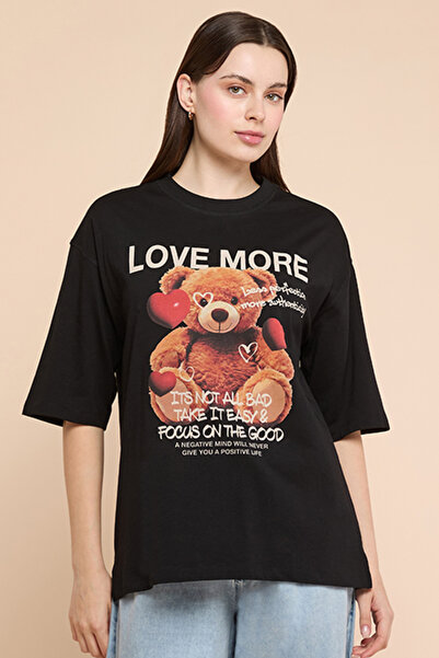 R&B Graphic Print Oversized T-Shirt with Crew Neck and Short Sleeves