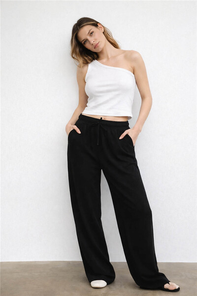 Fashion Friends Γυναικείο Παντελόνι Λινό Μαύρο με Φαρδιά Μπατζάκια 26Y0608K1