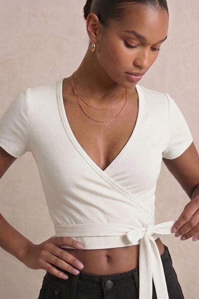 fablair Διπλόστρωτη μπλούζα με δέσιμο στο λαιμό, κοντομάνικη, από ελαστικό βα...