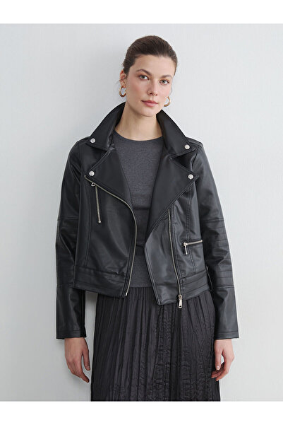 LC Waikiki Nevavm Black Double-Breasted Collar Women's Leather Look Jacket wi...