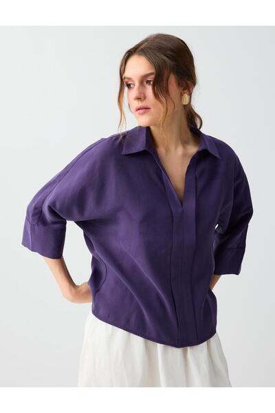 Jimmy Key Μωβ πουκάμισο με γιακά και μανίκια τριών τετάρτων, υφαντή μπλούζα α...