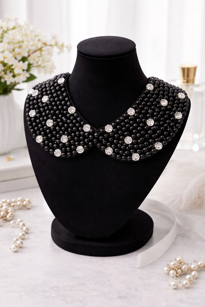 CROCUS DESIGN Siyah inci boncuklu bebe yaka davet kolye