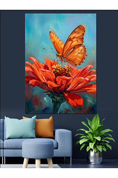 Artmeg Ilustrație cu fluture portocaliu pe floare - Pânză decorativă - Tablou...