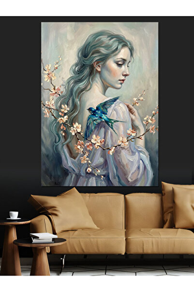 Artmeg Elegant Woman Illustration with Blue Bird Decorative Canvas - Mdf Wood...