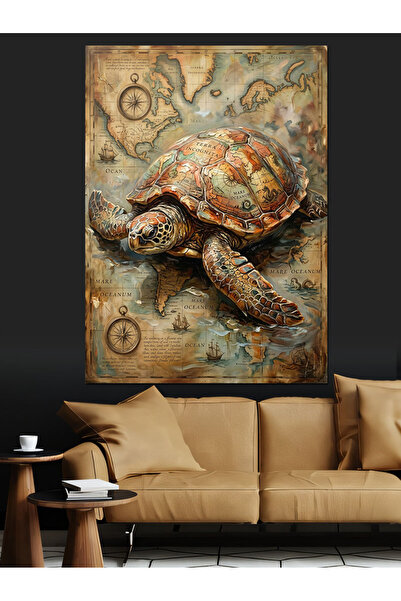 Artmeg Antique Map with Turtle Figure Decorative Canvas - Mdf Wood Painting