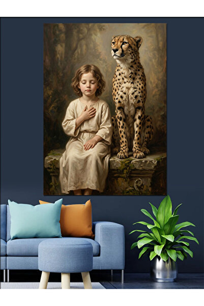 Artmeg Child and Cheetah Standing Side by Side Decorative Canvas - Mdf Wooden...