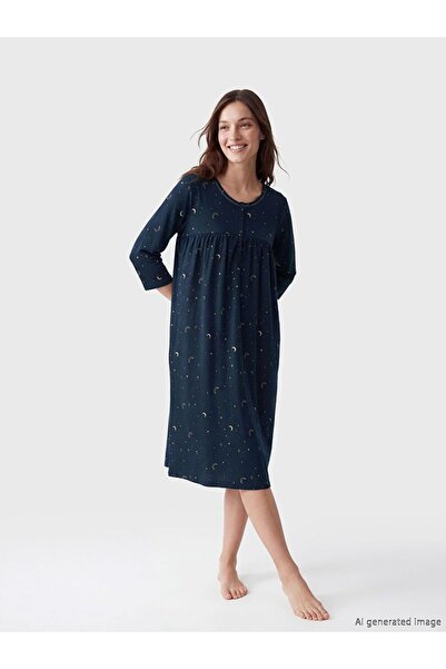 LC Waikiki Lcw Dream Navy Blue Crew Neck Patterned Women's Nightgown