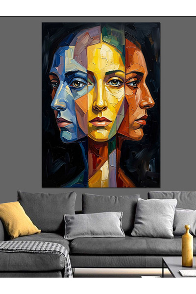 Artmeg Pânză decorativă cu trei fețe feminine în stil cubic - Tablou din lemn...