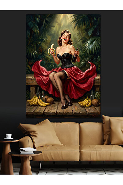 Artmeg Femeie pin-up vintage în rochie roșie, pânză decorativă - Tablou din l...