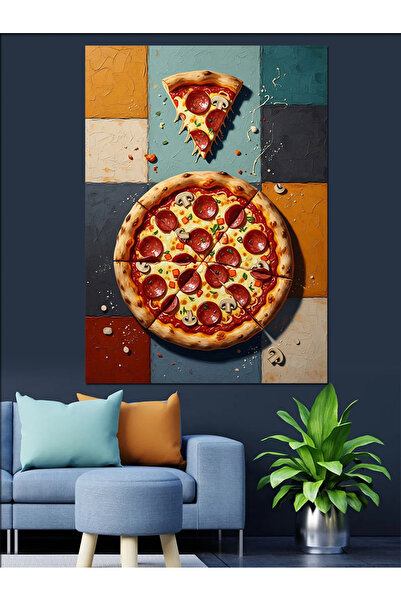 KanvasSepeti Dilimlenmiş Sucuklu Pizza Ve Malzemeler Dekoratif Kanvas Tablo -...