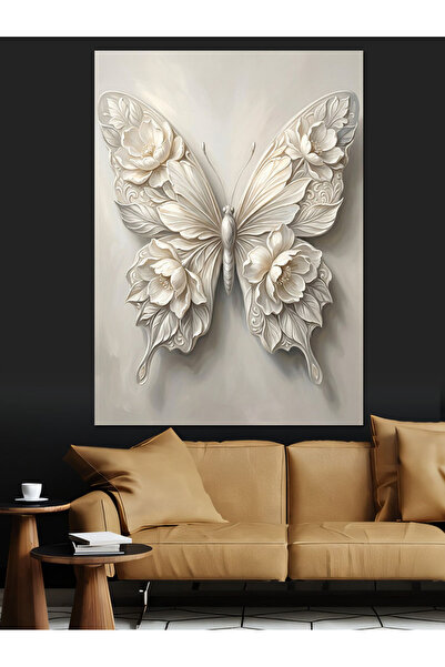 Artmeg Pânză decorativă cu relief fluture alb tridimensional - Tablou din lem...