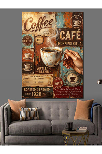 Tablo Mega Coffee Cafe Retro Kahve Tabelası Dekoratif Kanvas - Mdf Ahşap Tablo