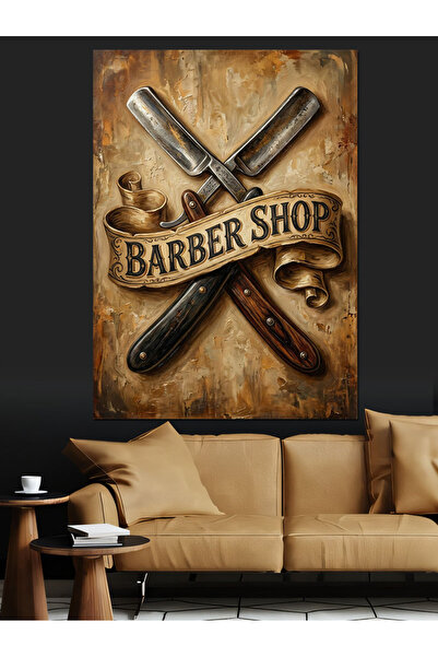 Artmeg Pânză decorativă cu logo-ul magazinului de bărbierit vintage - Masă di...