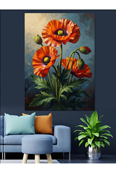 Artmeg Tablou decorativ cu flori triple de mac roșu - Tablou din lemn MDF