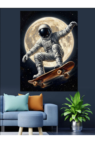 Artmeg Astronaut zburând cu skateboardul în fața Lunii - Pânză decorativă - M...