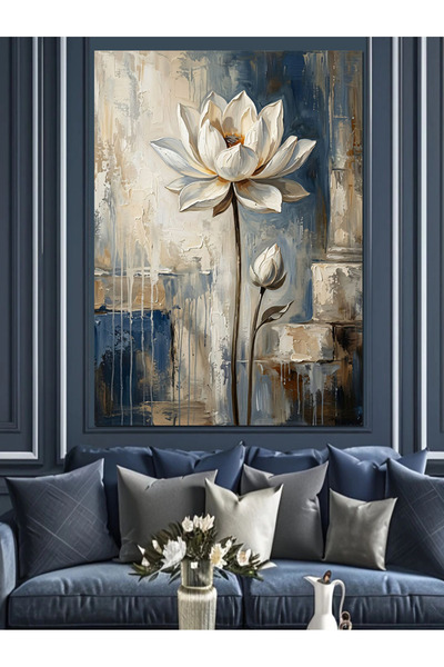 Tablo Mega Beyaz Lotus Çiçeği Modern Sanat Dekoratif Kanvas - Mdf Ahşap Tablo