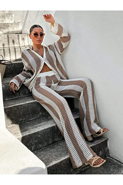 SÇLK Γυναικείο Σετ Πλεκτό από Βαμβάκι VİZON OVERSIZE με Διάτρητες Ρίγες και Α...