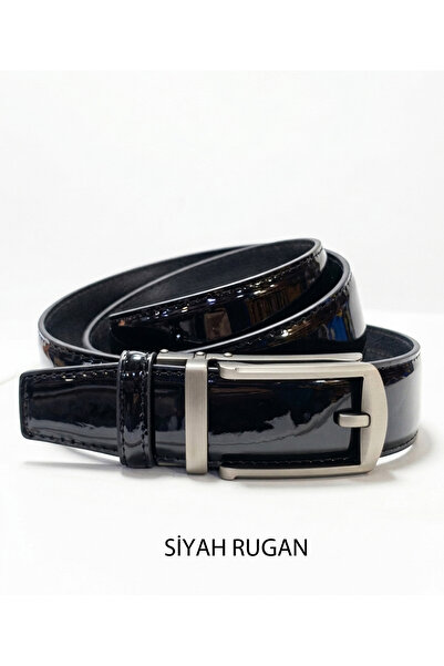 Kemer Dünyası Automatic Buckle Holeless Leather Black Patent Leather Smart Me...