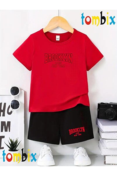 tombix Red Brooklyn Text Printed T-Shirt Shorts Summer Children's Set