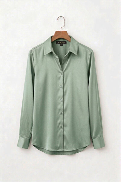 Moda Days Γυναικείο πουκάμισο Aqua Green Satin με μακριά μανίκια, κομψό κλασι...