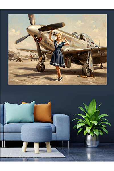 Artmeg Femeie pin-up care face o poză în fața unui avion, pânză decorativă - ...