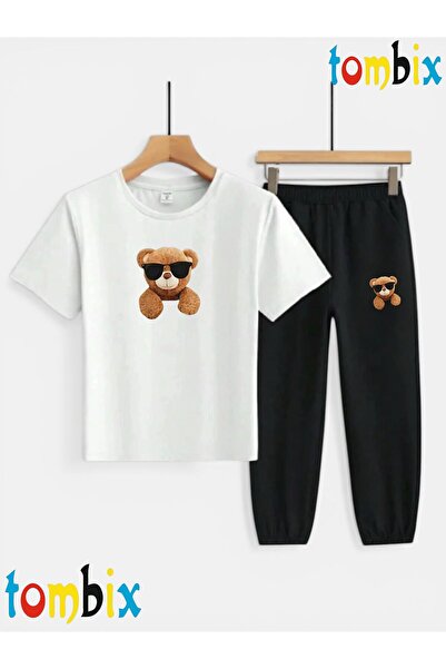 tombix Bear with Glasses Printed T-Shirt and Sweatpants (Sweatpants with Pock...
