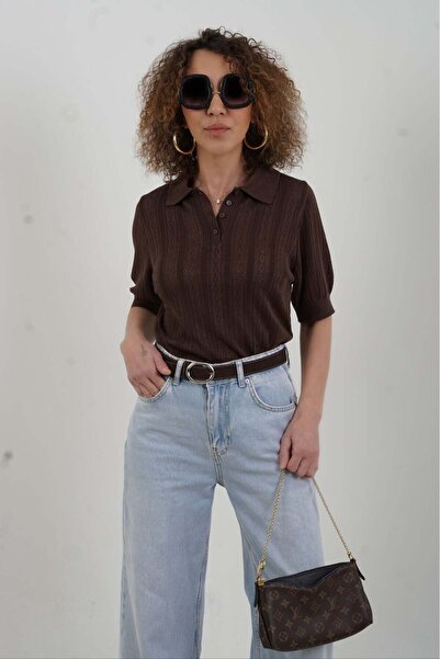 Zelish My Sister Καφέ πουλόβερ με γιακά πόλο, διάτρητο, κοντομάνικο