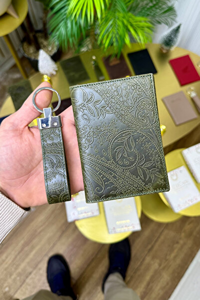 CüzCan Yeşil Motifli Hakiki Deri Ruhsat Kılıfı ve Anahtarlık Seti ( Kişiye Öz...