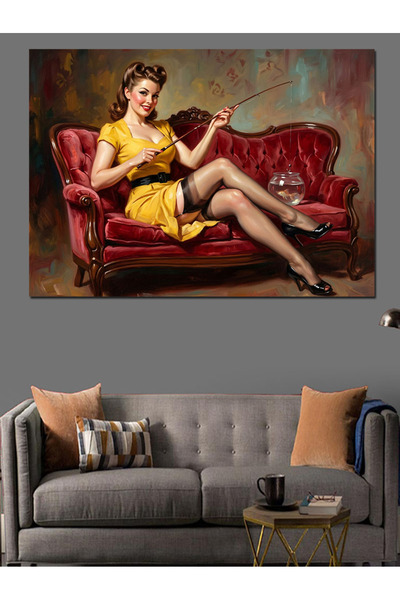 Artmeg Femeie pin-up pe canapea roșie, pânză decorativă - masă din lemn MDF