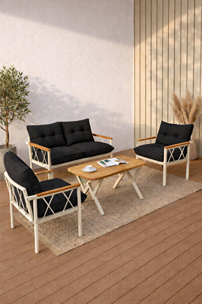 UFUK HOME Miray Krem 211 Masalı Siyah Fermuarlı Düğmeli Bahçe Oturma Grubu Ba...