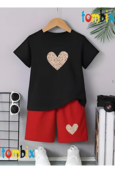 tombix Leopard Heart Printed T-Shirt Shorts Summer Children's Set
