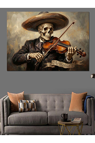 Artmeg Pictură cu schelet cowboy care cântă la vioară, pânză decorativă - Tab...