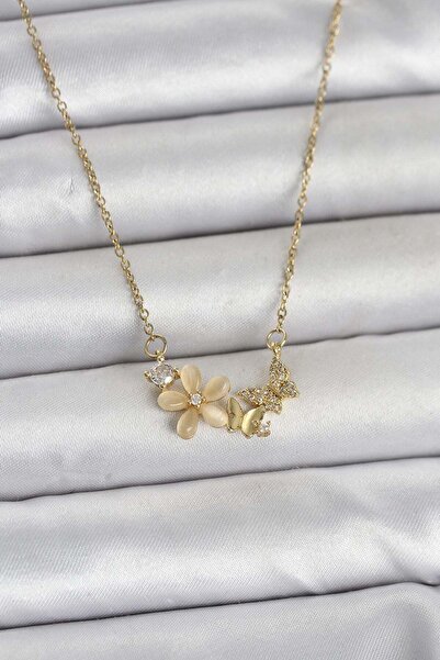 Inure Jewelry 316L Çelik Zincir Gold Renk Çiçek ve Kelebek Model Kadın Kolye