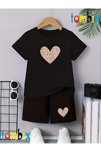 tombix Leopard Heart Printed T-Shirt Shorts Summer Children's Set