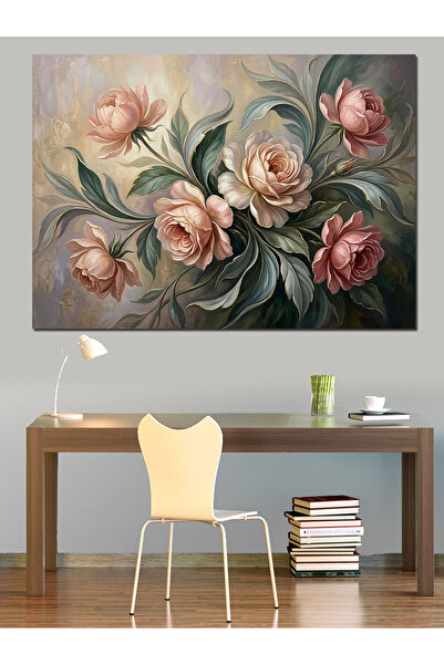 Artmeg Pânză decorativă cu trandafiri roz și frunze verzi - Tablou din lemn MDF