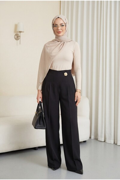 HİJABAYA Φαρδύ παντελόνι από κρεπ με φερμουάρ στο πλάι, καρφίτσα και λεπτομέρ...