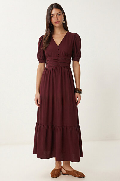 Lovelyİstanbul Καλοκαιρινό μακρύ φόρεμα ποπλίνα με βολάν LFG0185 MÜRDÜM