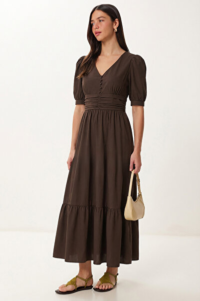 Lovelyİstanbul Καλοκαιρινό μακρύ φόρεμα ποπλίνα με βολάν LFG0185 ΚΑΦΕ