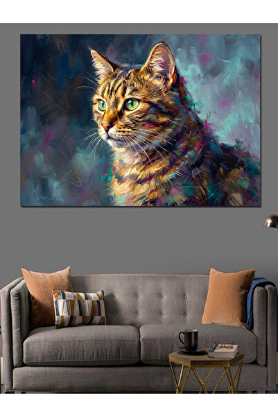 Artmeg Green-Eyed Tabby Cat Portrait Decorative Canvas - Mdf Wooden Frame