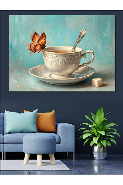 Artmeg Pânză decorativă cu fluturi și plăcere de cafea într-o ceașcă - Masă d...