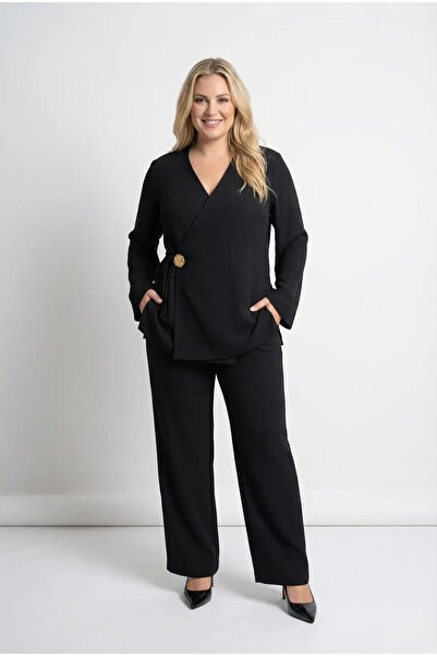 hazelin Γυναικείο μαύρο βραδινό φόρεμα μεγάλου μεγέθους με διπλό στήθος, πόρπ...