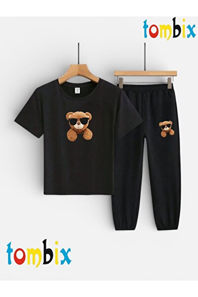 tombix Bear with Glasses Printed T-Shirt and Sweatpants (Sweatpants with Pock...