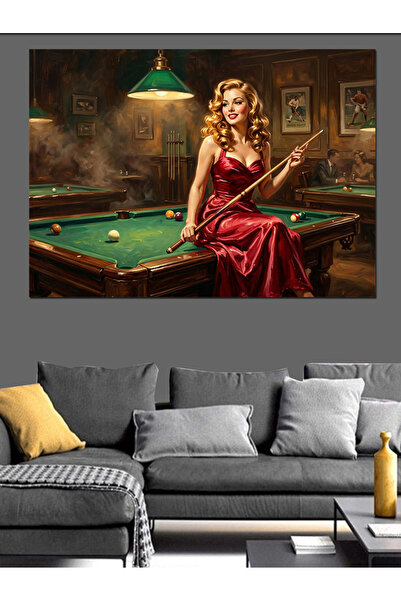 Tablo Mega Bilardo Oynayan Kırmızı Elbiseli Kadın Dekoratif Kanvas - Mdf Ahşa...