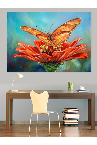 Artmeg Pânză decorativă cu fluture portocaliu mare pe floare - Tablou din lem...