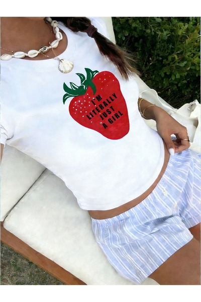 ZAVIXO ΓΥΝΑΙΚΕΙΟ Μπλουζάκι Crop με στάμπα φράουλας, 100% βαμβάκι